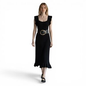 House of Harlow 1960 Black Knit Midi Dress Ruffle Sleeve Bodycon Sweater Dress